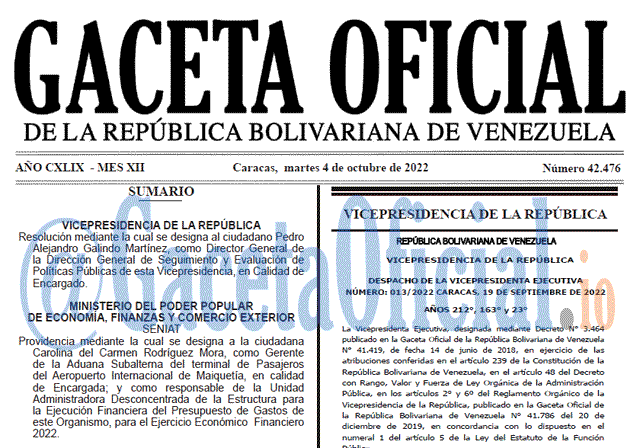Venezuela Gaceta Oficial 42476 del 4 octubre 2022