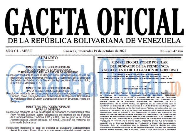 Venezuela Gaceta Oficial 42486 del 19 octubre 2022 Gaceta Oficial Venezuela #42486 del 19 octubre 2022