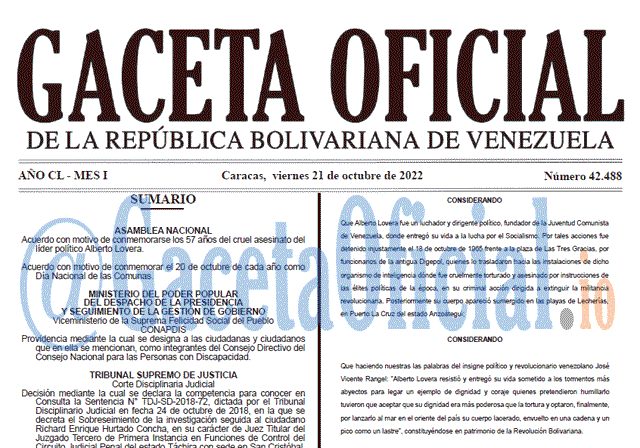 Venezuela Gaceta Oficial 42488 del 21 octubre 2022 Gaceta Oficial Venezuela #42488 del 21 octubre 2022