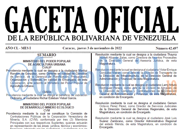 Venezuela Gaceta Oficial 42497 del 3 noviembre 2022 Gaceta Oficial Venezuela #42497 del 3 noviembre 2022