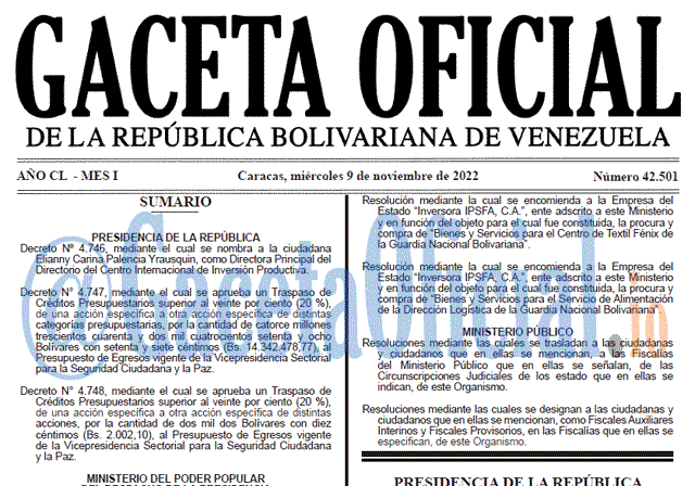 Venezuela Gaceta Oficial 42501 del 9 noviembre 2022 Gaceta Oficial Venezuela #42501 del 9 noviembre 2022
