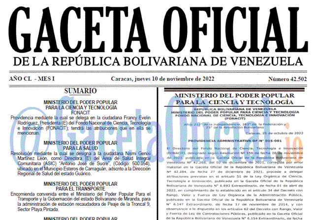 Venezuela Gaceta Oficial 42502 del 10 noviembre 2022 Gaceta Oficial Venezuela #42502 del 10 noviembre 2022