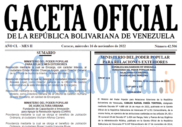 Venezuela Gaceta Oficial 42506 del 16 noviembre 2022 Gaceta Oficial Venezuela #42506 del 16 noviembre 2022