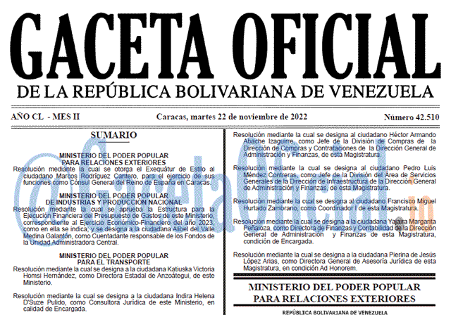 Venezuela Gaceta Oficial 42510 del 22 noviembre 2022 Gaceta Oficial, Gaceta Oficial 42510, Gaceta 42510