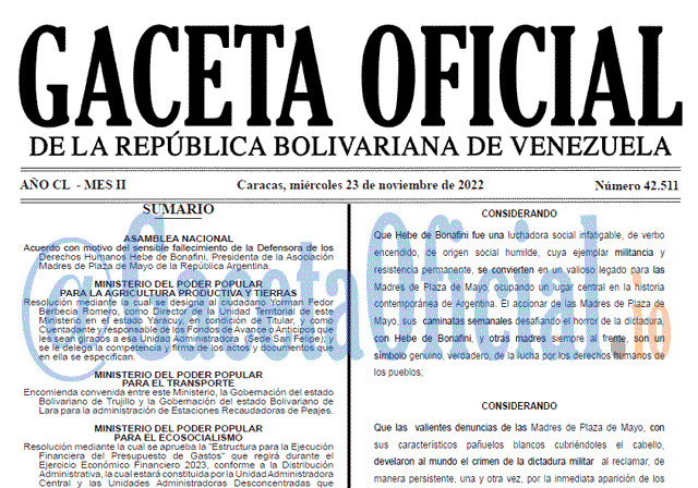 Venezuela Gaceta Oficial 42511 del 23 noviembre 2022 Gaceta Oficial, Gaceta Oficial 42511, Gaceta 42511
