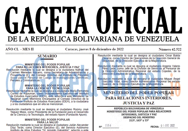 Venezuela Gaceta Oficial 42522 del 08 diciembre 2022 Gaceta Oficial, Gaceta 42522, Gaceta #42522, Gaceta Oficial Venezuela #42522