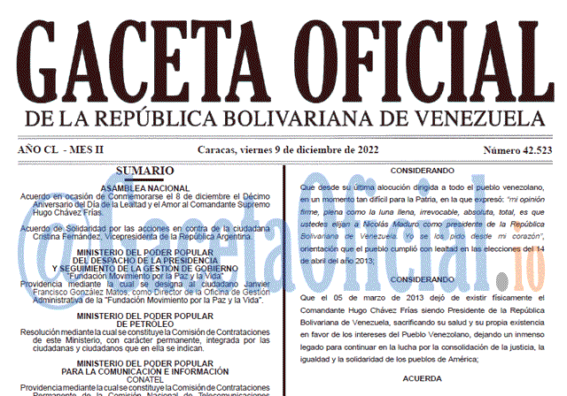 Venezuela Gaceta Oficial 42523 del 09 diciembre 2022 Gaceta Oficial, Gaceta 42523, Gaceta #42523, Gaceta Oficial Venezuela #42523