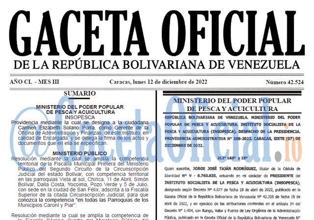 Venezuela Gaceta Oficial 42524 del 12 diciembre 2022 Gaceta Oficial, Gaceta 42524, Gaceta #42524, Gaceta Oficial Venezuela #42524