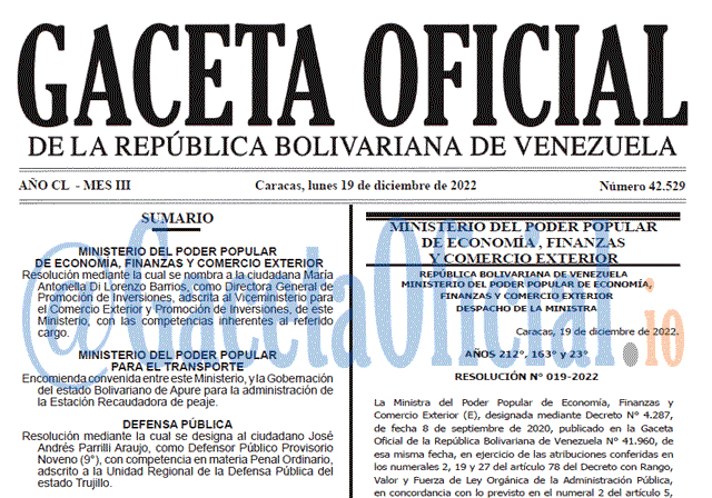 Venezuela Gaceta Oficial 42529 del 19 diciembre 2022 Gaceta Oficial, Gaceta 42529, Gaceta #42529, Gaceta Oficial Venezuela #42529