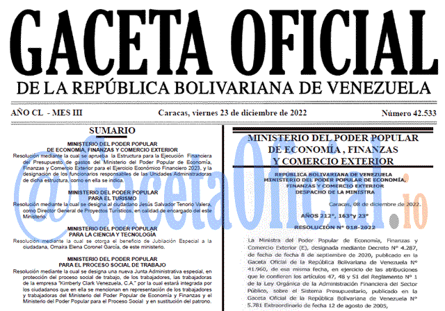 Venezuela Gaceta Oficial 42533 del 23 diciembre 2022 Gaceta Oficial, Gaceta 42533, Gaceta #42533, Gaceta Oficial Venezuela #42533