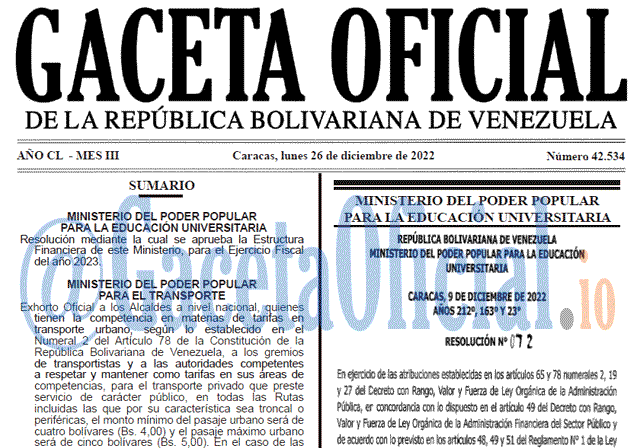 Venezuela Gaceta Oficial 42534 del 26 diciembre 2022 Gaceta Oficial, Gaceta 42534, Gaceta #42534, Gaceta Oficial Venezuela #42534
