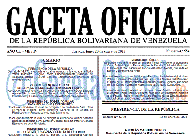 Venezuela Gaceta Oficial 42554 del 23 enero 2023 Gaceta Oficial, Gaceta 42554, Gaceta #42554, Gaceta Oficial Venezuela #42554