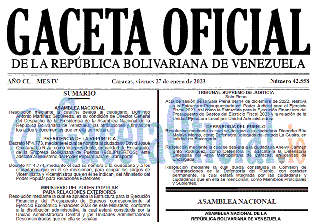 Venezuela Gaceta Oficial 42558 del 27 enero 2023 Gaceta Oficial, Gaceta 42558, Gaceta #42558, Gaceta Oficial Venezuela #425558