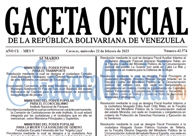 Venezuela Gaceta Oficial 42574 del 22 febrero 2023 Gaceta Oficial, Gaceta 42574, Gaceta #42574, Gaceta Oficial Venezuela #42574