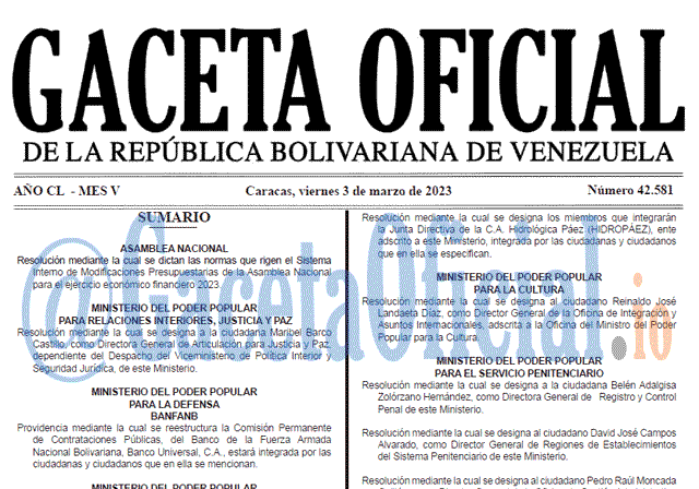 Venezuela Gaceta Oficial 42581 del 3 marzo 2023 Gaceta Oficial, Gaceta 42581, Gaceta #42581, Gaceta Oficial Venezuela #42581