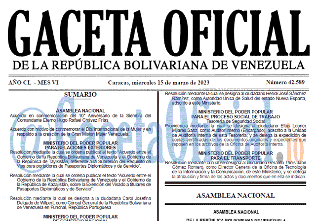Venezuela Gaceta Oficial 42589 del 15 marzo 2023 Gaceta Oficial, Gaceta 42589, Gaceta #42589, Gaceta Oficial Venezuela #42589