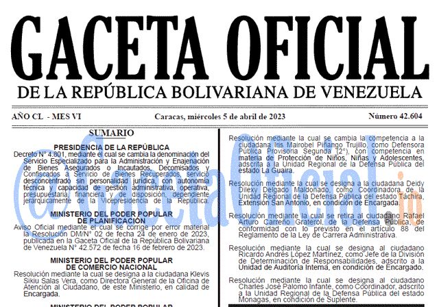 Venezuela Gaceta Oficial 42604 del 5 abril 2023 Gaceta Oficial, Gaceta 42604, Gaceta #42604, Gaceta Oficial Venezuela #42604