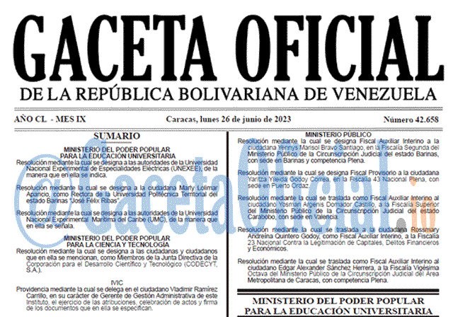 Venezuela Gaceta Oficial 42658 del 26 junio 2023 Gaceta Oficial, Gaceta 42658, Gaceta 42658 HD, Gaceta #42658, Gaceta Oficial Venezuela #42658