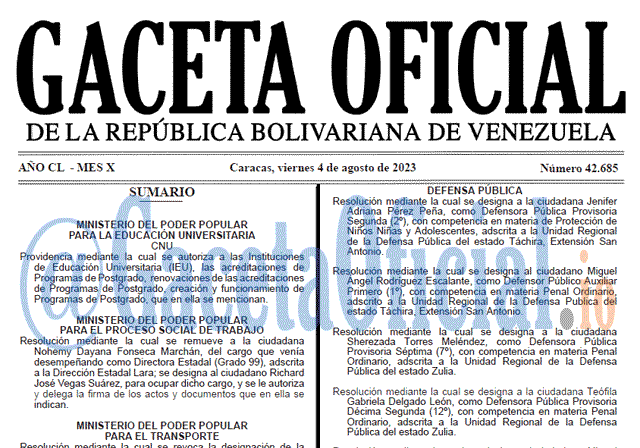 Venezuela Gaceta Oficial 42685 del 04 agosto 2023 Gaceta Oficial, Gaceta 42685, Gaceta 42685 HD, Gaceta #42685, Gaceta Oficial Venezuela #42685