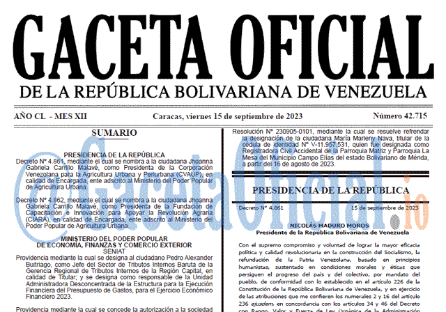 Venezuela Gaceta Oficial 42715 del 14 septiembre 2023 Gaceta Oficial, Gaceta 42715, Gaceta 42715 HD, Gaceta #42715, Gaceta Oficial Venezuela #42715