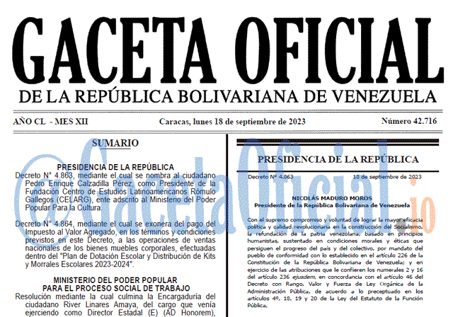 Venezuela Gaceta Oficial 42716 del 18 septiembre 2023 Gaceta Oficial, Gaceta 42716, Gaceta 42716 HD, Gaceta #42716, Gaceta Oficial Venezuela #42716