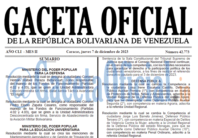 Venezuela Gaceta Oficial 42773 del 7 diciembre 2023 Gaceta Oficial, Gaceta 42773, Gaceta 42773 HD, Gaceta #42773, Gaceta Oficial Venezuela #42773