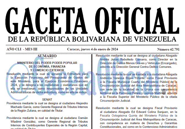 Venezuela Gaceta Oficial 42791 del 4 enero 2024 Gaceta Oficial, Gaceta 42791, Gaceta 42791 HD, Gaceta #42791, Gaceta Oficial Venezuela #42791