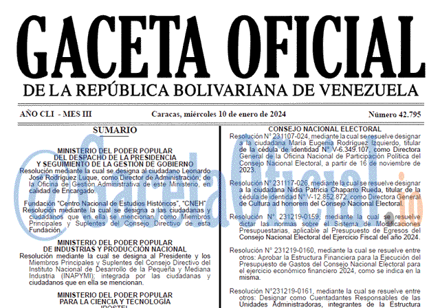 Venezuela Gaceta Oficial 42795 del 10 enero 2024 Gaceta Oficial, Gaceta 42795, Gaceta 42795 HD, Gaceta #42795, Gaceta Oficial Venezuela #42795
