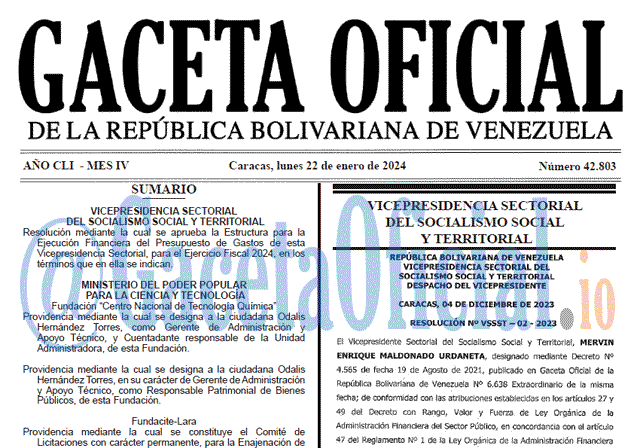 Venezuela Gaceta Oficial 42803 del 22 enero 2024 Gaceta Oficial, Gaceta 42803, Gaceta 42803 HD, Gaceta #42803, Gaceta Oficial Venezuela #42803
