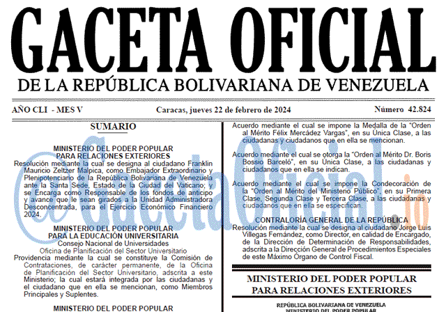 Venezuela Gaceta Oficial 42824 del 22 Febrero 2024 Gaceta Oficial, Gaceta 42824, Gaceta 42824 HD, Gaceta #42824, Gaceta Oficial Venezuela #42824