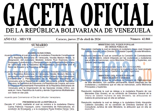 Venezuela Gaceta Oficial 42866 del 25 abril 2024 Gaceta Oficial, Gaceta 42866, Gaceta 42866 HD, Gaceta #42866, Gaceta Oficial Venezuela #42866