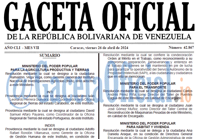 Venezuela Gaceta Oficial 42867 del 26 abril 2024 Gaceta Oficial, Gaceta 42867, Gaceta 42867 HD, Gaceta #42867, Gaceta Oficial Venezuela #42867