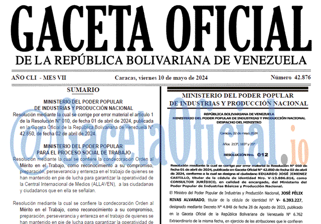 Venezuela Gaceta Oficial 42876 del 10 mayo 2024 Gaceta Oficial, Gaceta 42876, Gaceta 42876 HD, Gaceta #42876, Gaceta Oficial Venezuela #42876