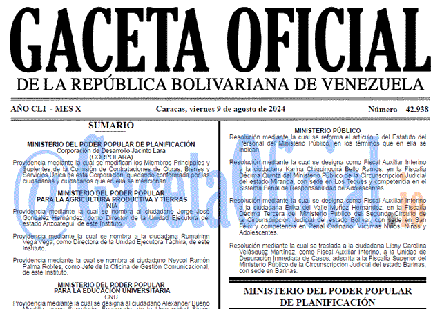 Venezuela Gaceta Oficial 42938 del 9 agosto 2024 Gaceta Oficial, Gaceta 42938, Gaceta 42938 HD, Gaceta #42938, Gaceta Oficial Venezuela #42938