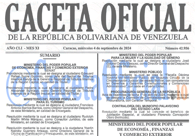 Venezuela Gaceta Oficial 42956 del 4 septiembre 2024 Gaceta Oficial, Gaceta 42956, Gaceta 42956 HD, Gaceta #42956, Gaceta Oficial Venezuela #42956