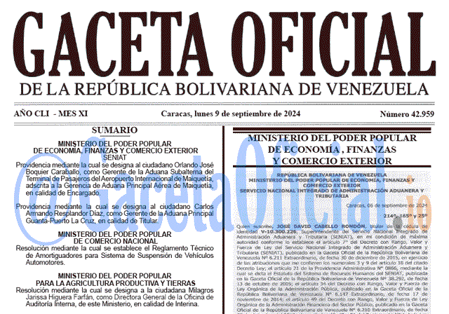 Venezuela Gaceta Oficial 42959 del 9 septiembre 2024 Gaceta Oficial, Gaceta 42959, Gaceta 42959 HD, Gaceta #42959, Gaceta Oficial Venezuela #42959