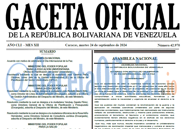 Venezuela Gaceta Oficial 42970 del 24 septiembre 2024 Gaceta Oficial, Gaceta 42970, Gaceta 42970 HD, Gaceta #42970, Gaceta Oficial Venezuela #42970