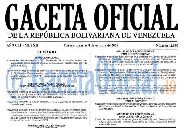 Venezuela Gaceta Oficial 42980 del 8 octubre 2024 Gaceta Oficial, Gaceta 42980, Gaceta 42980 HD, Gaceta #42980, Gaceta Oficial Venezuela #42980