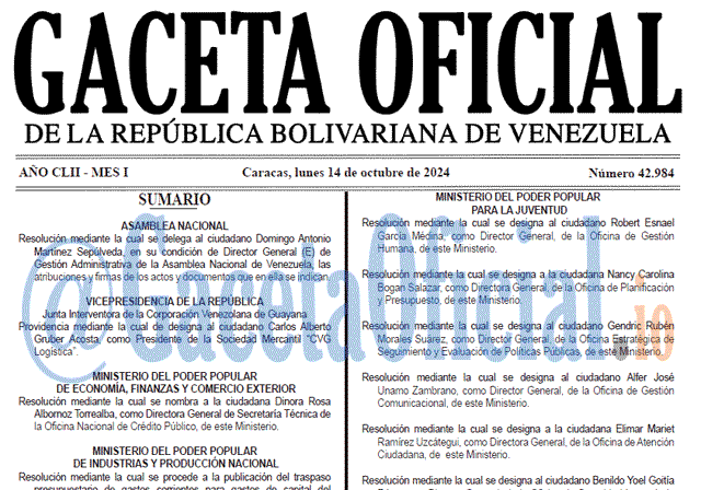 Venezuela Gaceta Oficial 42984 del 14 octubre 2024 Gaceta Oficial, Gaceta 42984, Gaceta 42984 HD, Gaceta #42984, Gaceta Oficial Venezuela #42984