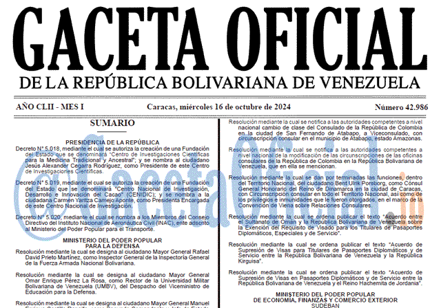 Venezuela Gaceta Oficial 42986 del 16 octubre 2024 Gaceta Oficial, Gaceta 42986, Gaceta 42986 HD, Gaceta #42986, Gaceta Oficial Venezuela #42986