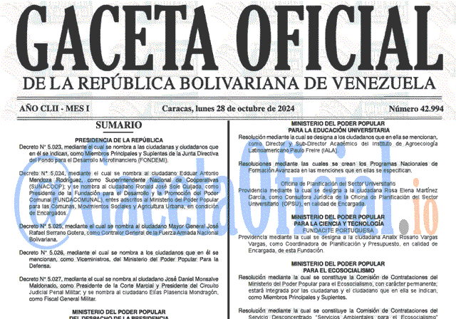 Venezuela Gaceta Oficial 42994 del 28 octubre 2024 Gaceta Oficial, Gaceta 42994, Gaceta 42994 HD, Gaceta #42994, Gaceta Oficial Venezuela #42994