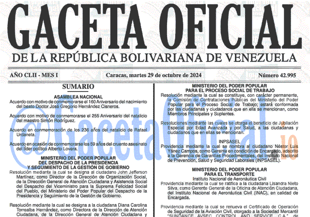 Venezuela Gaceta Oficial 42995 del 29 octubre 2024 Gaceta Oficial, Gaceta 42995, Gaceta 42995 HD, Gaceta #42995, Gaceta Oficial Venezuela #42995