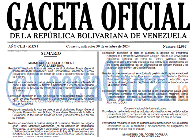 Venezuela Gaceta Oficial 42996 del 30 octubre 2024 Gaceta Oficial, Gaceta 42996, Gaceta 42996 HD, Gaceta #42996, Gaceta Oficial Venezuela #42996