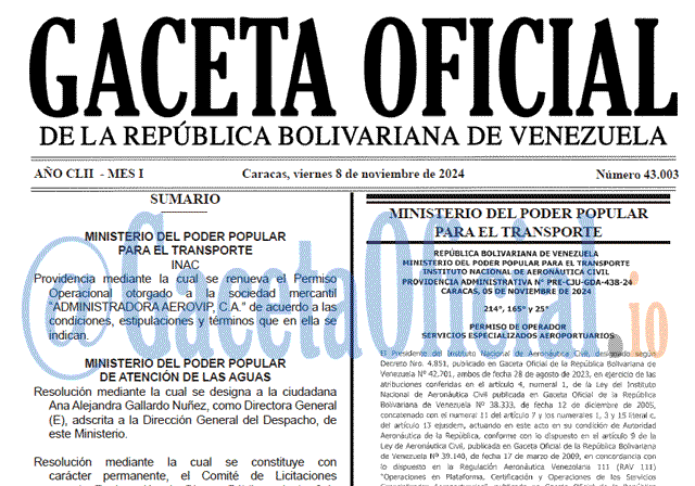 Venezuela Gaceta Oficial 43003 del 8 noviembre 2024 Gaceta Oficial, Gaceta 43003, Gaceta 43003 HD, Gaceta #43003, Gaceta Oficial Venezuela #43003