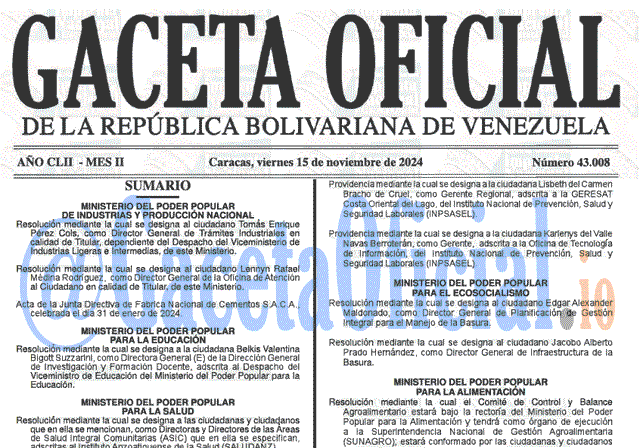 Venezuela Gaceta Oficial 43008 del 15 noviembre 2024 Gaceta Oficial, Gaceta 43008, Gaceta 43008 HD, Gaceta #43008, Gaceta Oficial Venezuela #43008