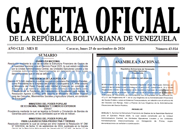 Venezuela Gaceta Oficial 43014 del 25 noviembre 2024 Gaceta Oficial, Gaceta 43014, Gaceta 43014 HD, Gaceta #43014, Gaceta Oficial Venezuela #43014