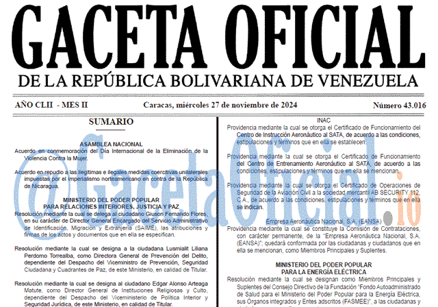 Venezuela Gaceta Oficial 43016 del 27 noviembre 2024 Gaceta Oficial, Gaceta 43016, Gaceta 43016 HD, Gaceta #43016, Gaceta Oficial Venezuela #43016