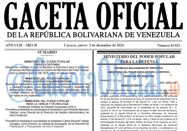 Venezuela Gaceta Oficial 43022 del 5 diciembre 2024 Gaceta Oficial, Gaceta 43022, Gaceta 43022 HD, Gaceta #43022, Gaceta Oficial Venezuela #43022