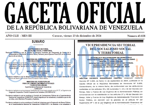 Venezuela Gaceta Oficial 43028 del 13 diciembre 2028 Gaceta Oficial, Gaceta 43028, Gaceta 43028 HD, Gaceta #43028, Gaceta Oficial Venezuela #43028