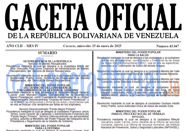 Venezuela Gaceta Oficial 43047 del 15 enero 2025 Gaceta Oficial, Gaceta 43047, Gaceta 43047 HD, Gaceta #43047, Gaceta Oficial Venezuela #43047